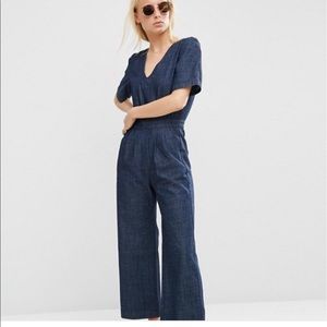 Denim, Wide Leg Jumpsuit, Cropped Length, Tie Back